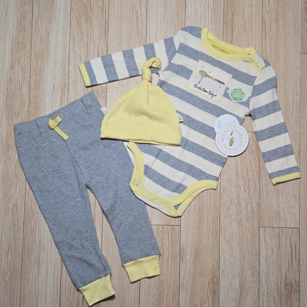 Burt's Bees Baby Gray and Yellow Striped Bodysuit Set